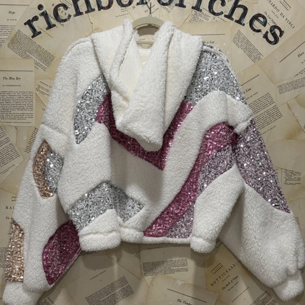 Free People Patchwork Sequin Sweatshirt Hooded Fu… - image 5